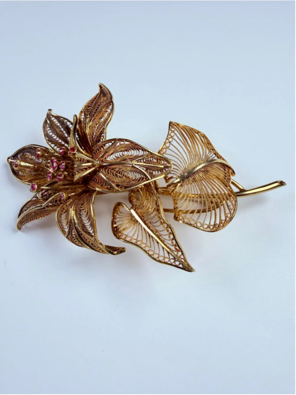 Estate 14K Solid Yellow Gold Ruby XL Floral Filigree Masterpiece VTG Pin Brooch